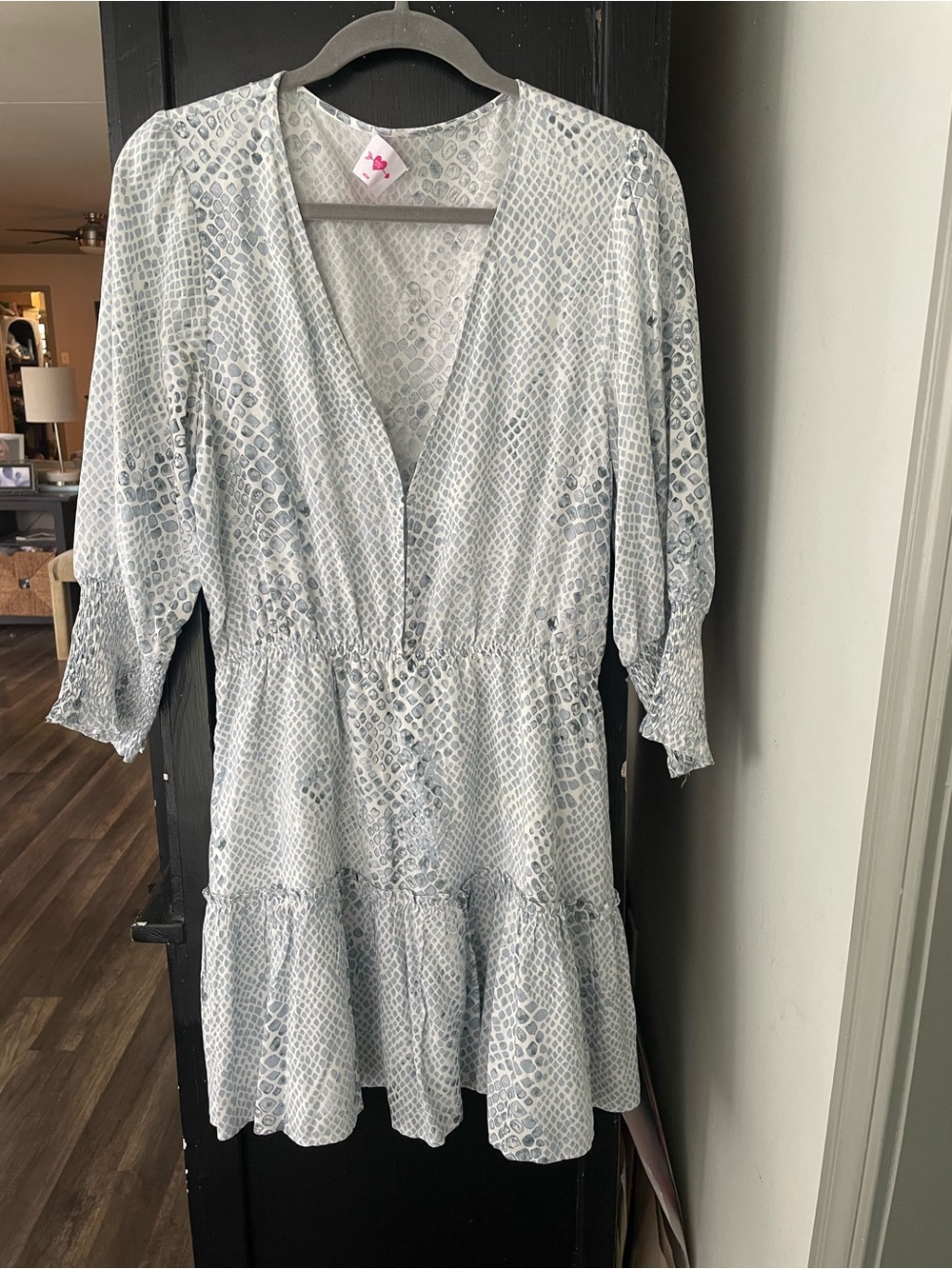 Buddy Love Pale Blue Snake-Print Tiered Mini Paltrow Dress